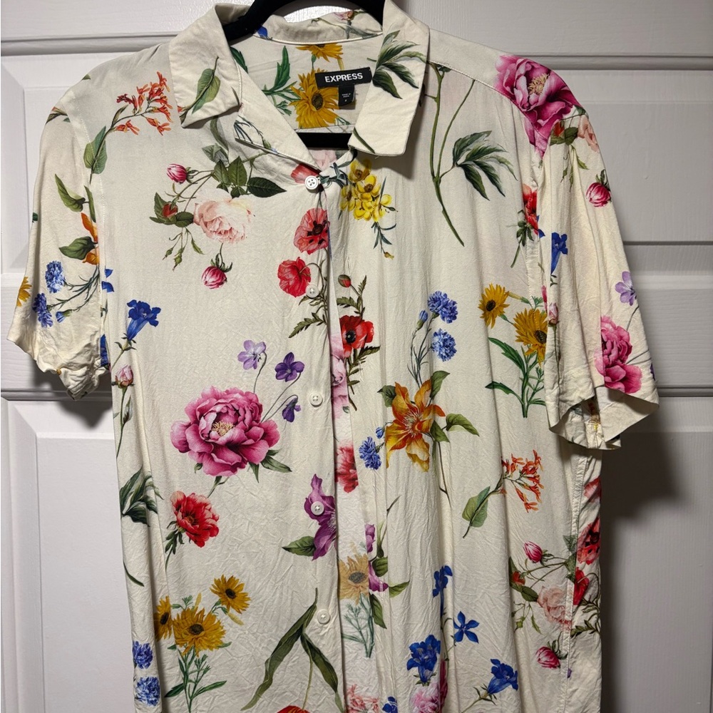 Express Men's Floral Button Down Shirt - Cream and Multicolor